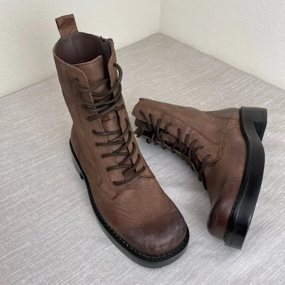 ZARA Women Brown Distressed Combat Boots Lace Up Lug Sole Size 34